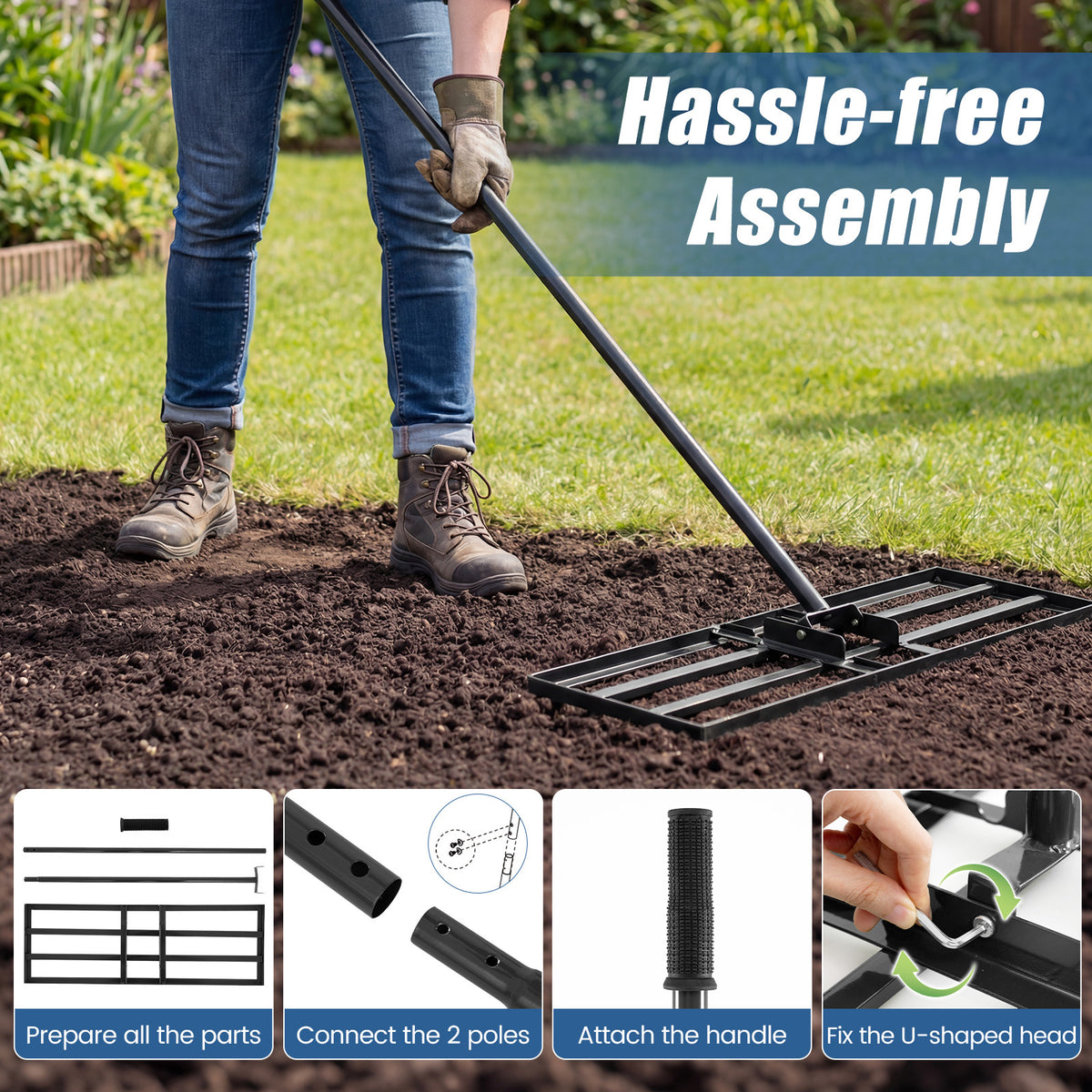 Lawn Leveling Rake Heavy Duty Lawn Level Tool for Soil Farm-Black