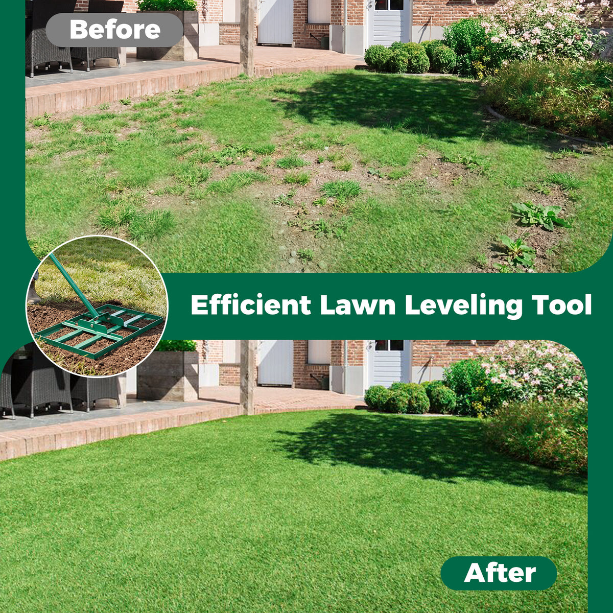 Lawn Leveling Rake Heavy-Duty Metal Levelawn Tool with 43 x 25 cm Plate-Green