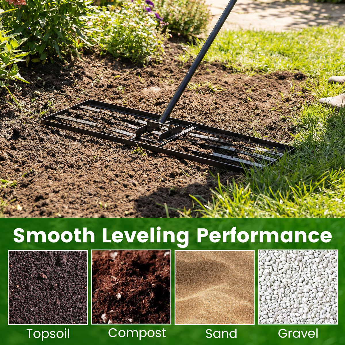 Lawn Leveling Rake with Adjustable Handle and Rotating U-Head for Topsoil-Black