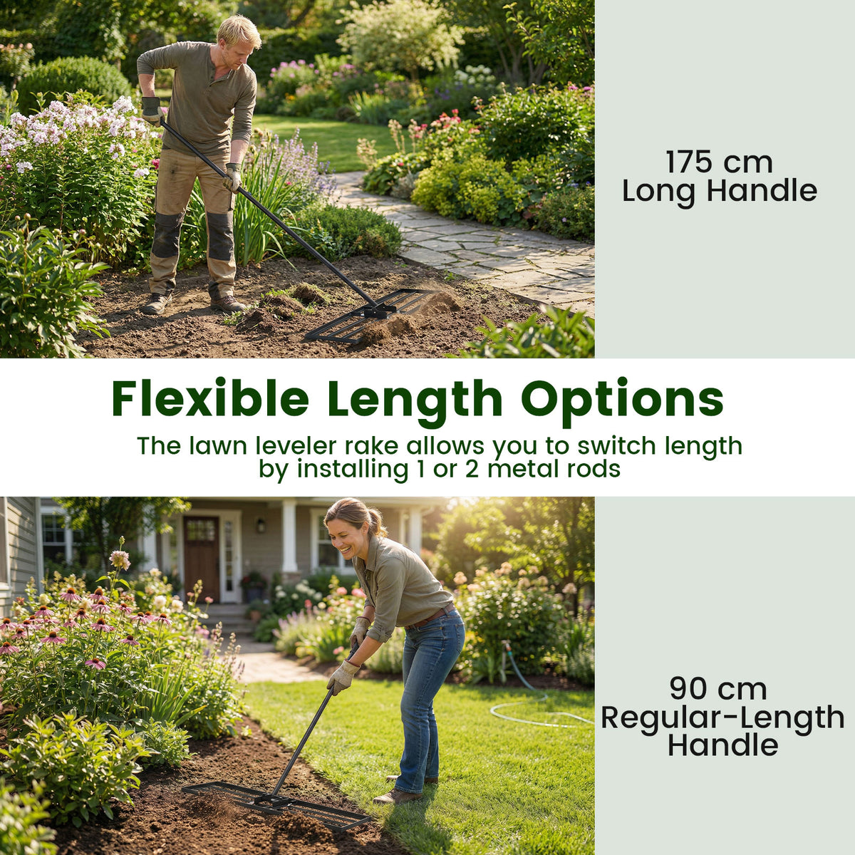 Lawn Leveling Rake with Adjustable Handle and Rotating U-Head for Topsoil-Black