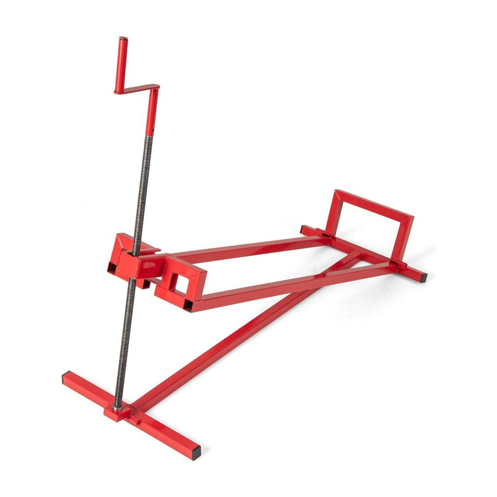 Lawn Mower Lift Jack in red metal with a vertical crank handle and adjustable support frame