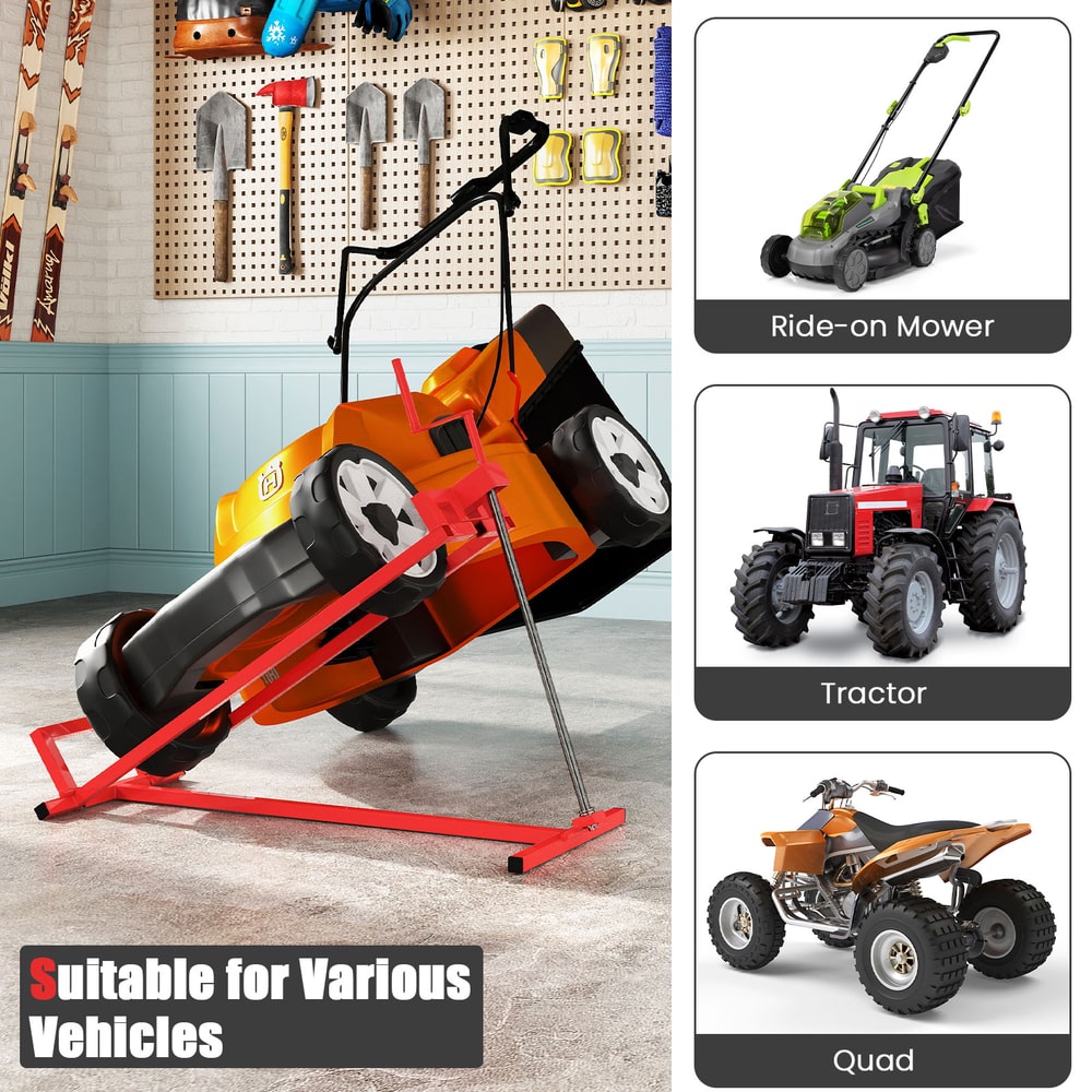 The red garden tool supporting a mower next to icons of a tractor and a quad bike