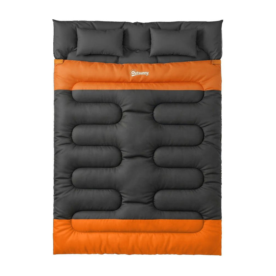 Outsunny Double Sleeping Bag with 2 Pillows, grey and orange, laid flat with two pillows