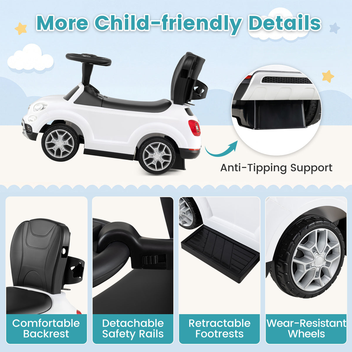 Licensed FIAT Ride On Car 2-in-1 Push Car with Removable Handle-White