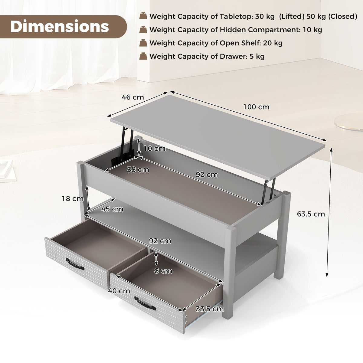 Lift Top Coffee Table Farmhouse Accent Table with Storage-Grey