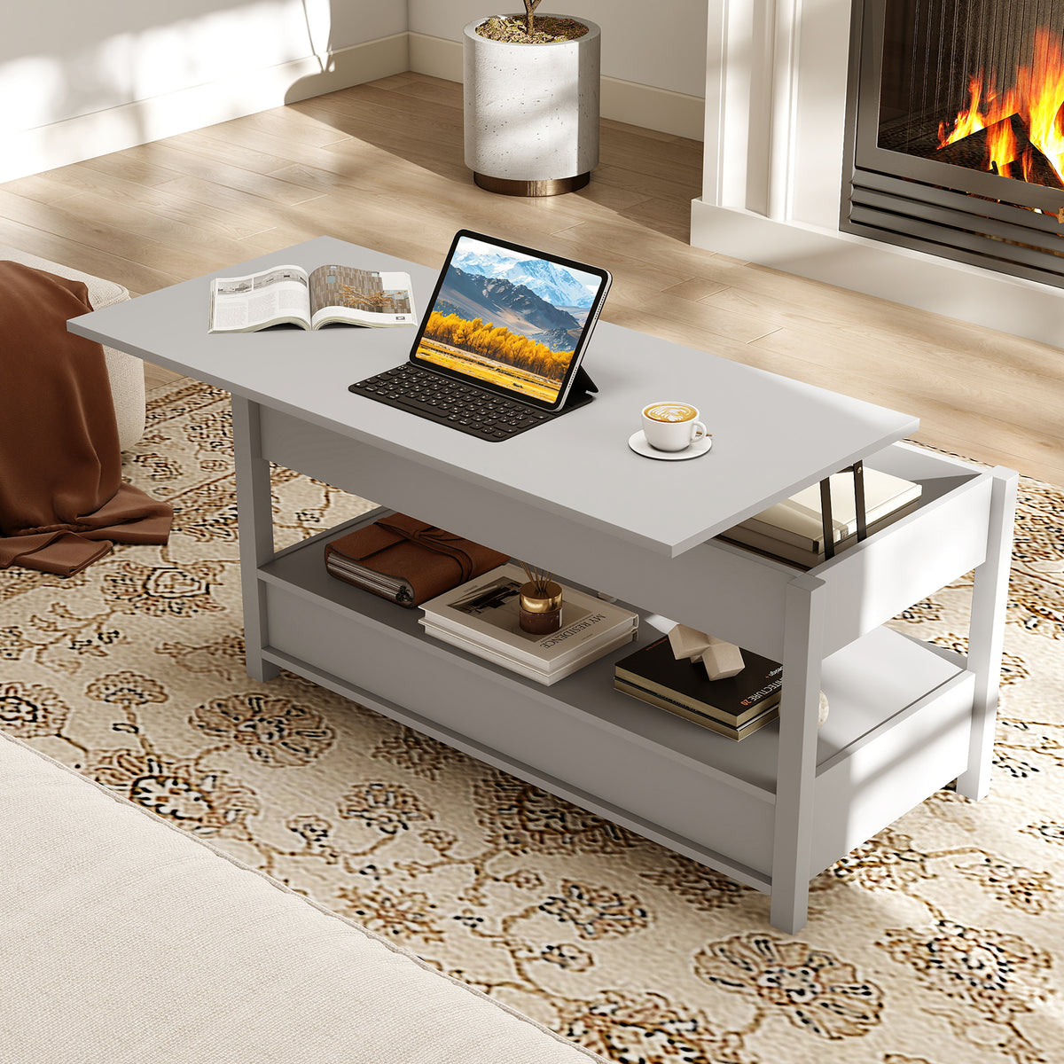 Lift Top Coffee Table Farmhouse Accent Table with Storage-Grey