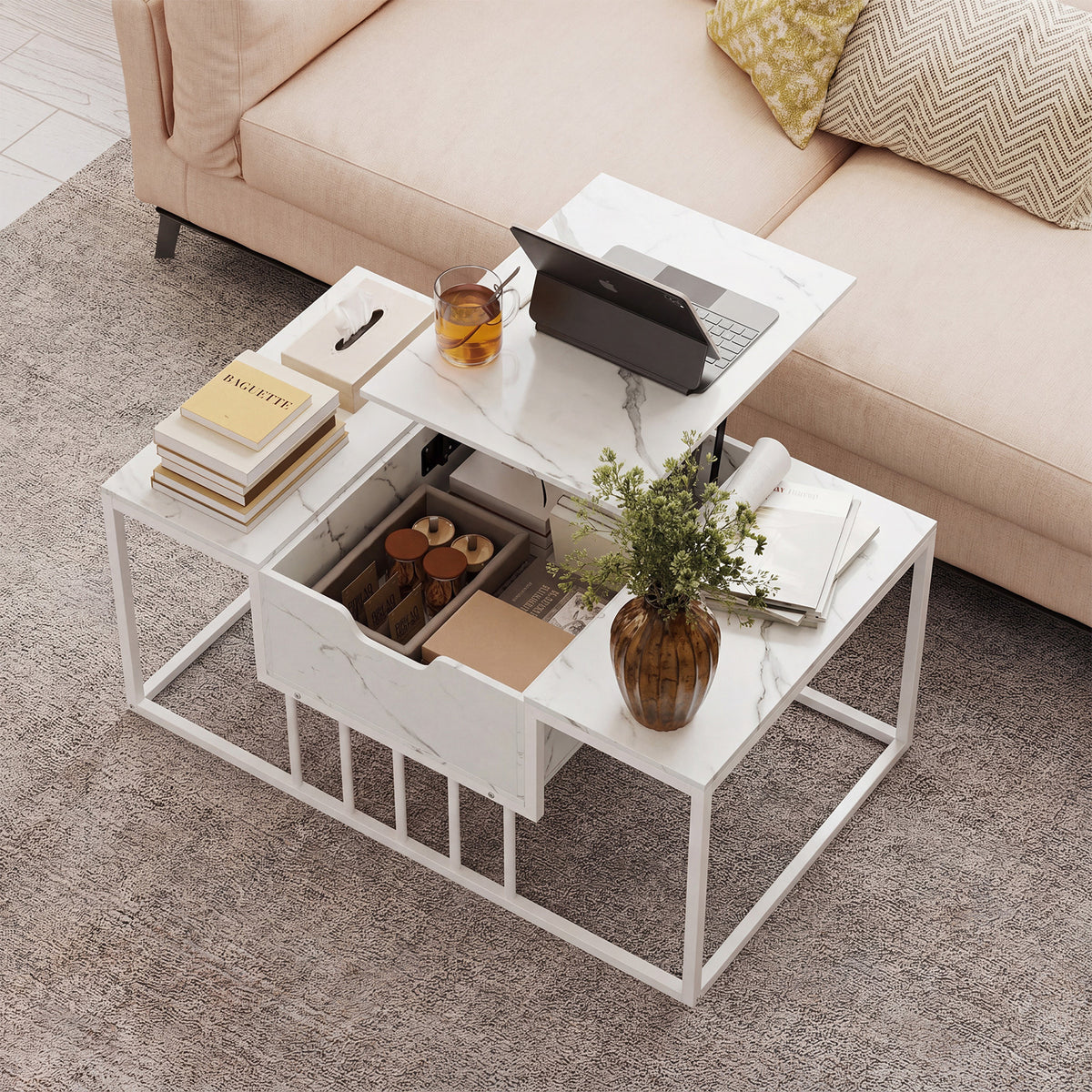 Lift Top Coffee Table Modern Center Table with Hidden Storage Compartment-White
