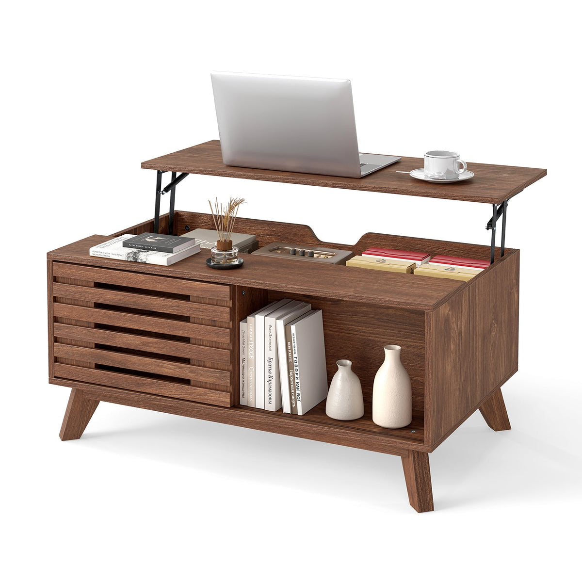 Lift Top Coffee Table with Hidden Compartment for Living Room-Brown