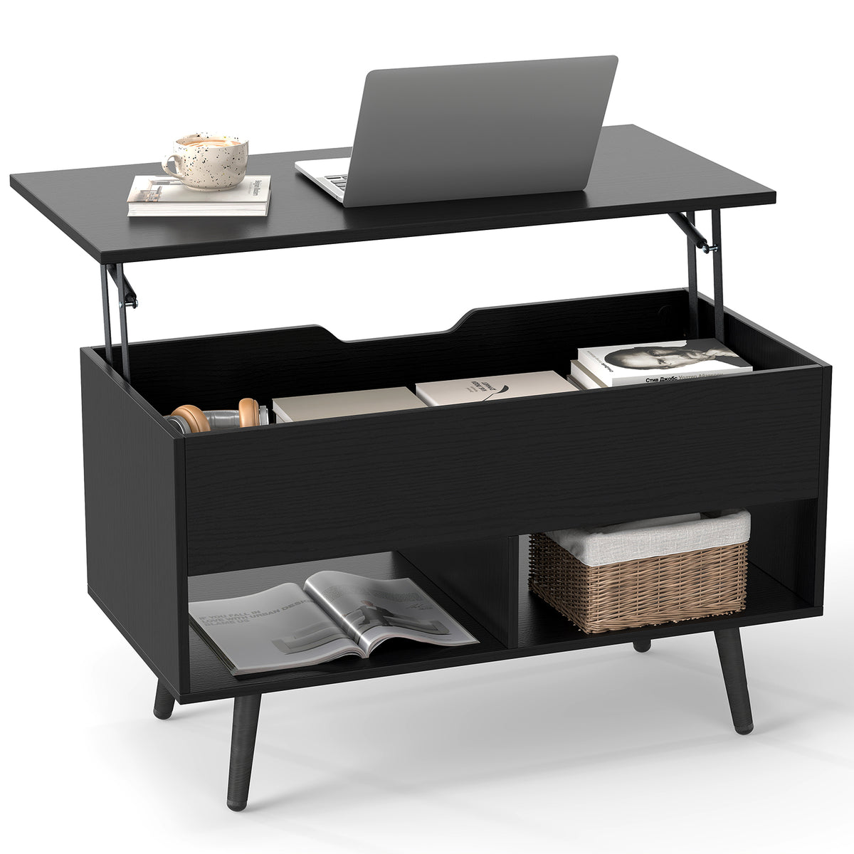 Lift Up Top Coffee Table with Hidden Storage Compartment and Open Shelf-Black