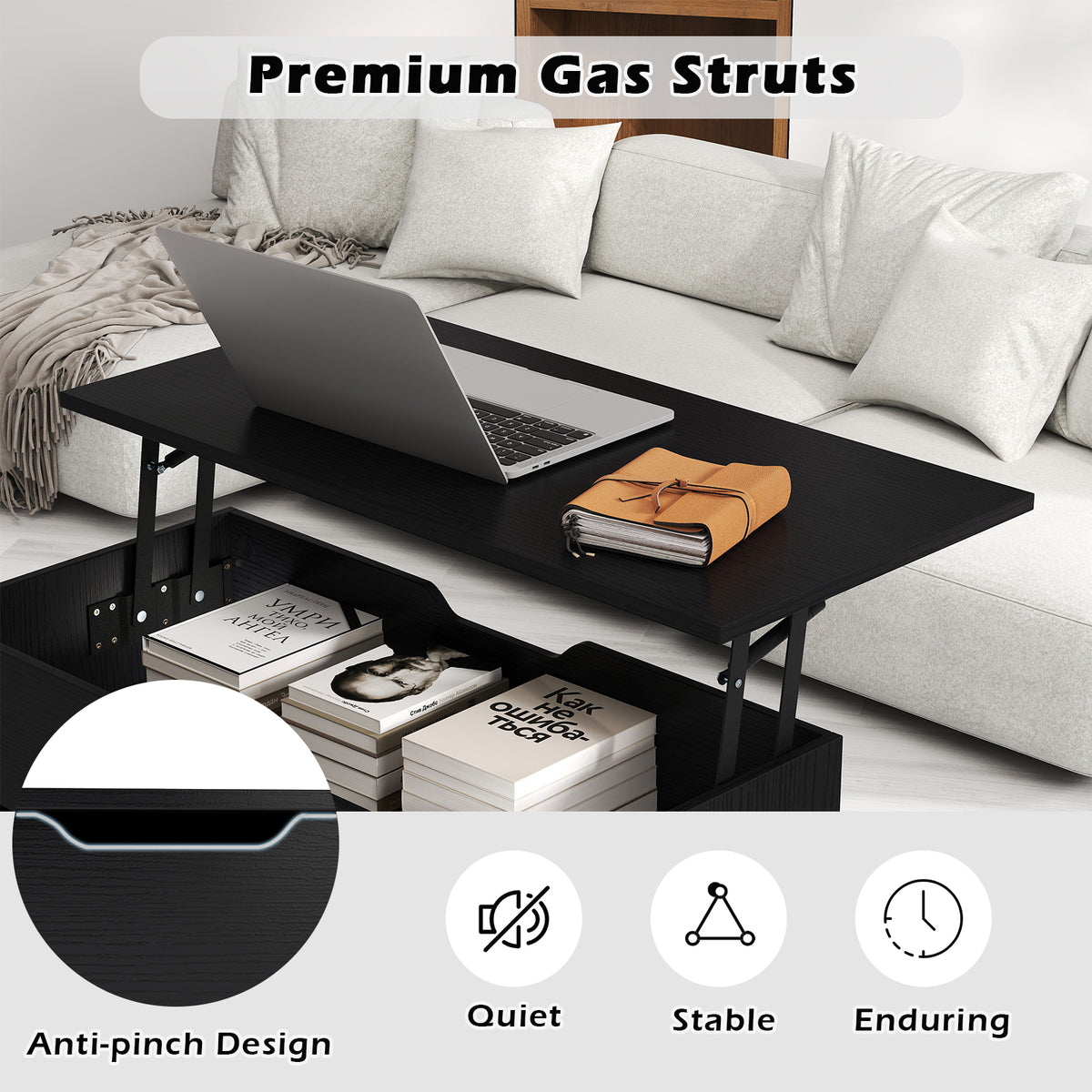 Lift Up Top Coffee Table with Hidden Storage Compartment and Open Shelf-Black