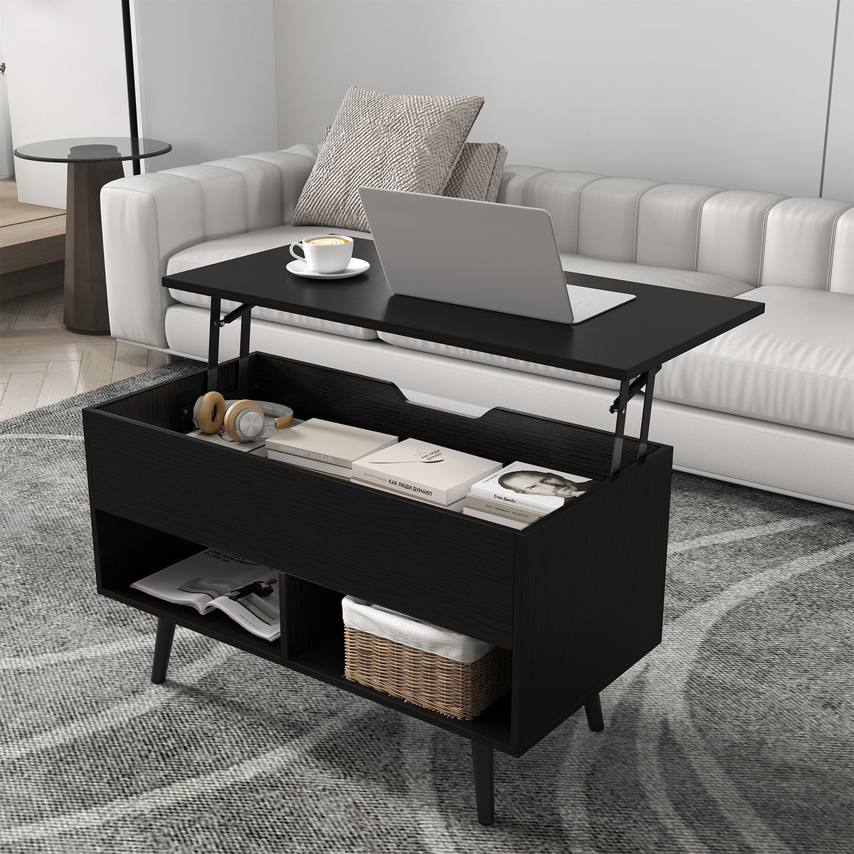 Lift Up Top Coffee Table with Hidden Storage Compartment and Open Shelf-Black