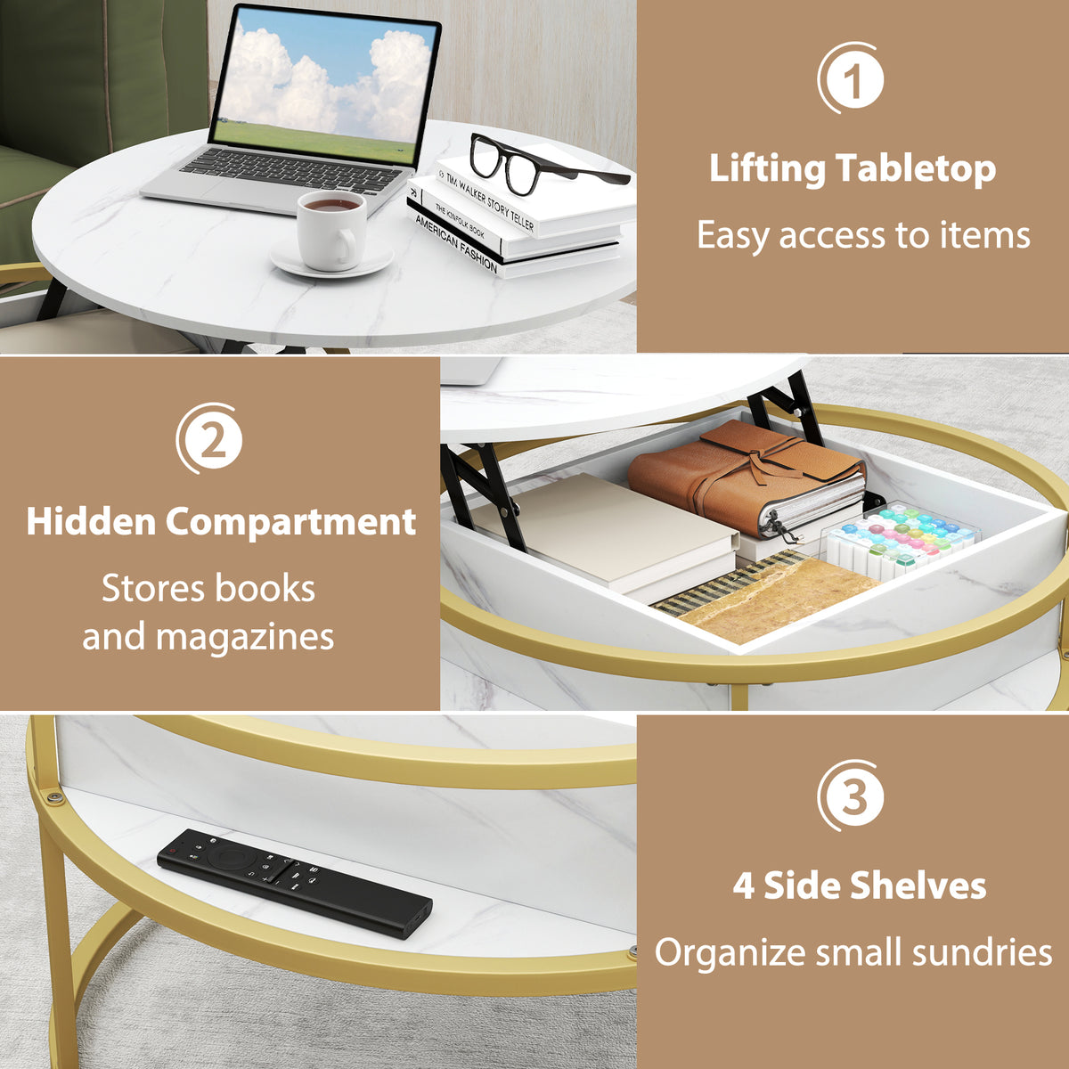80cm Lift Top Coffee Table with Hidden Compartment and Side Shelves-White