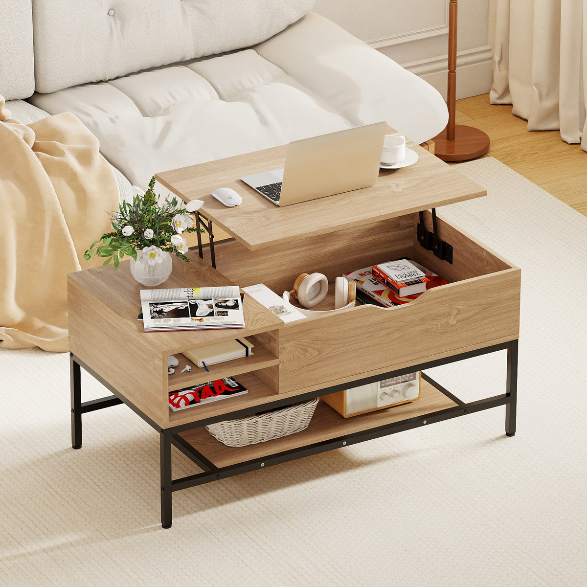 Lift Top Coffee Table with Hidden Compartment and Storage Shelf-Natural