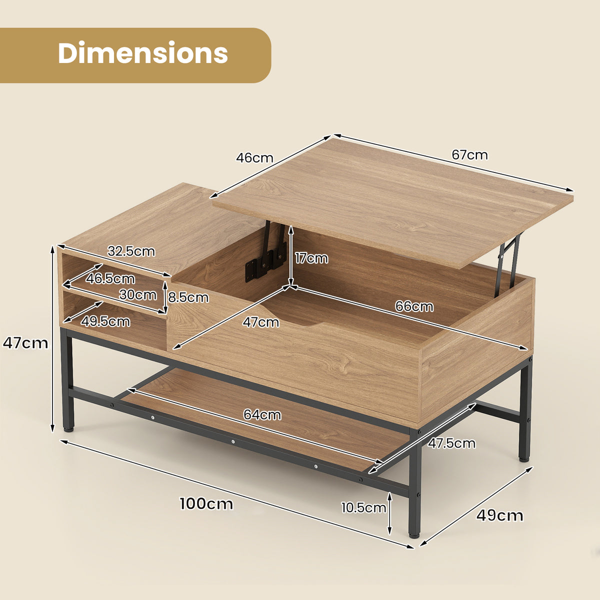 Lift Top Coffee Table with Hidden Compartment and Storage Shelf-Natural