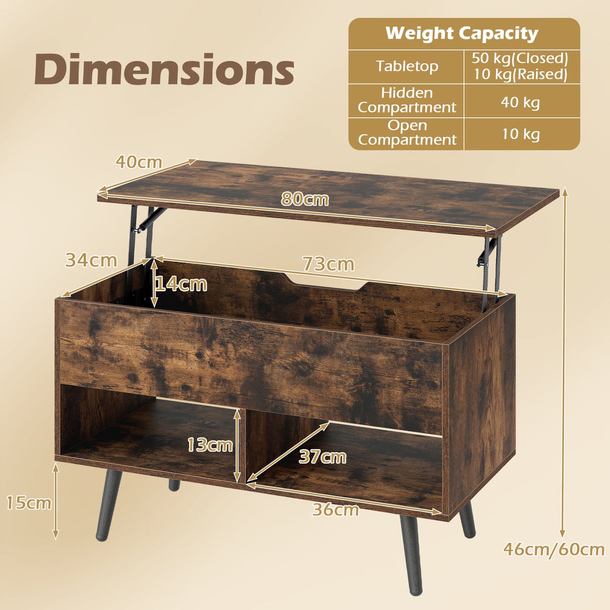 Lift Top Coffee Table with Hidden Compartment and Open Storage Shelves-Rustic Brown