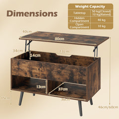 Lift Top Coffee Table with Hidden Compartment and Open Storage Shelves-Rustic Brown