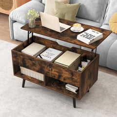 Lift Top Coffee Table with Hidden Compartment and Open Storage Shelves-Rustic Brown