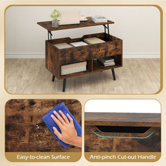 Lift Top Coffee Table with Hidden Compartment and Open Storage Shelves-Rustic Brown