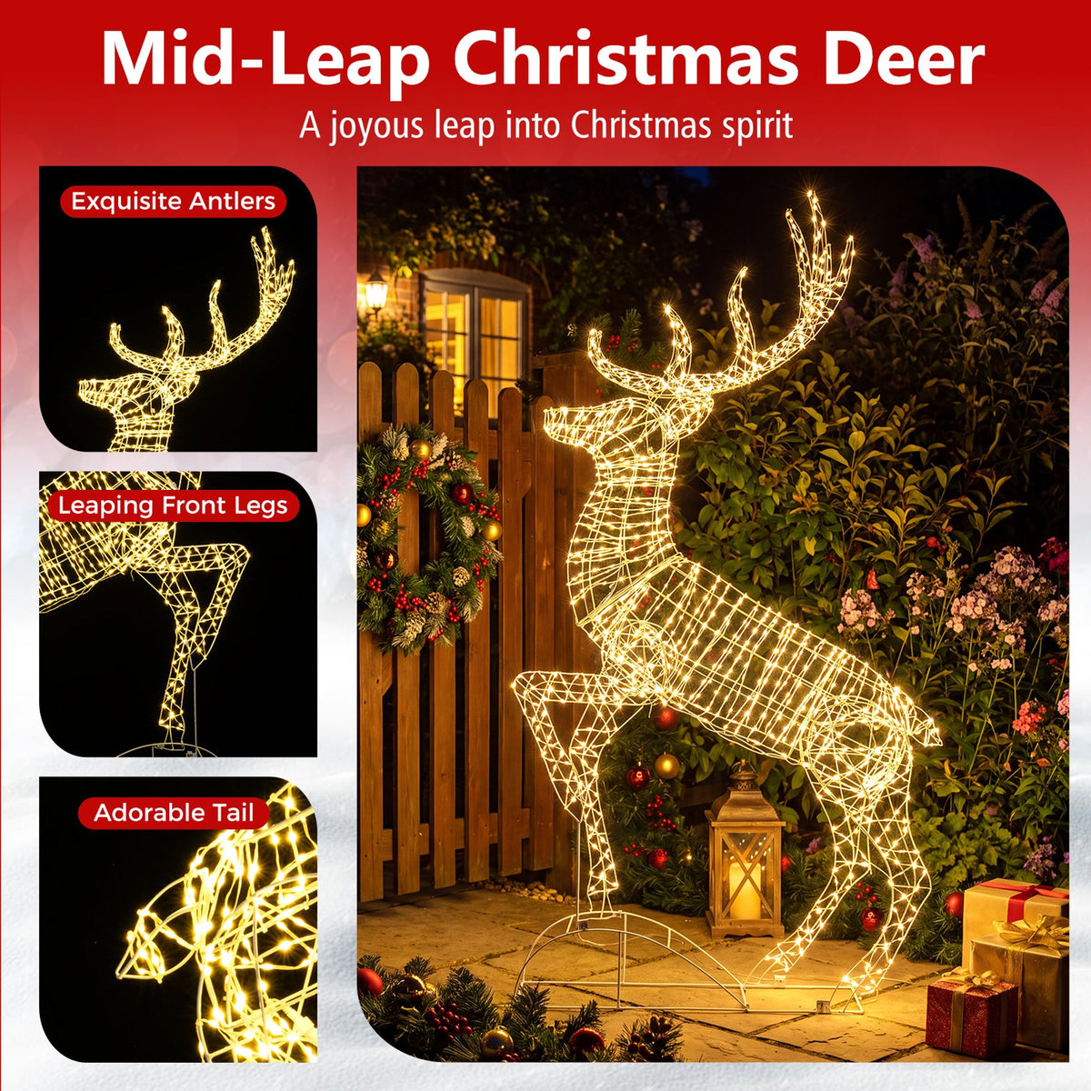 Lighted Mid-Leap Christmas Reindeer with Warm White LED Lights