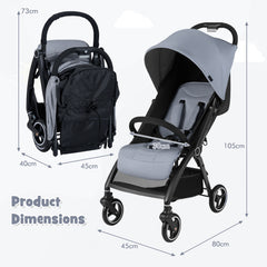 Dimensions diagram for the light grey baby stroller