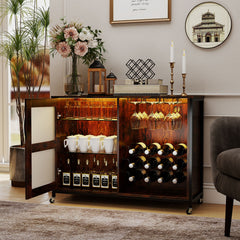 Liquor Buffet Sideboard with LED Lights and Glass Holders-Rustic Brown
