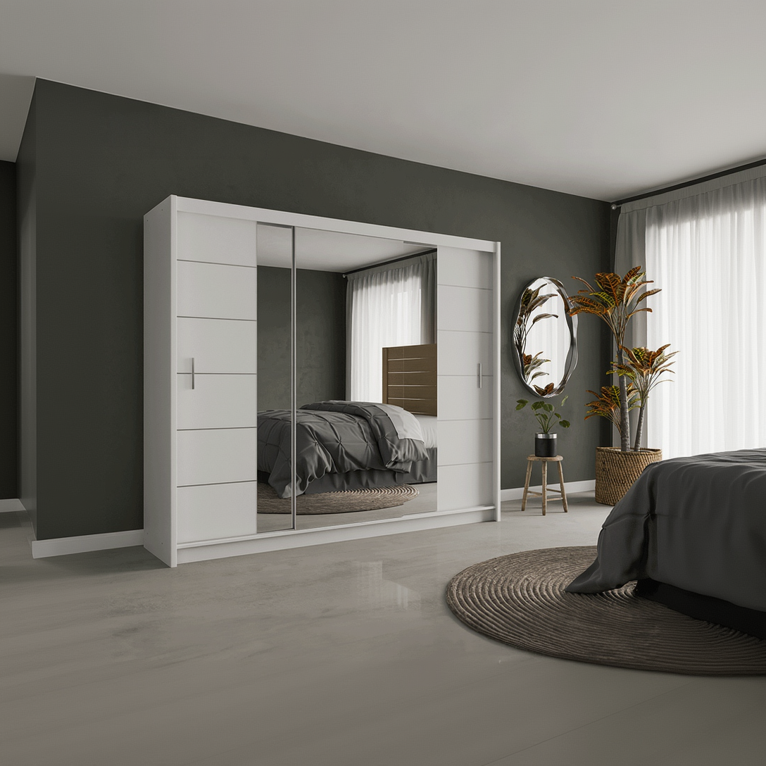 White Mirrored Sliding Door Wardrobe 250cm – CHESTER 2