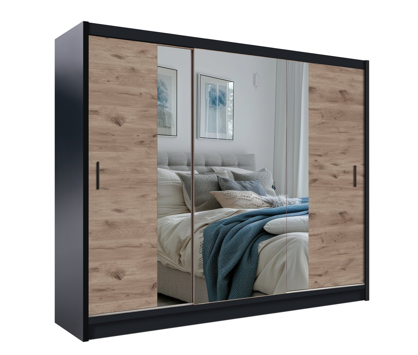 Black / Oak Viking Mirrored Sliding Door Wardrobe 250cm – CHESTER 2