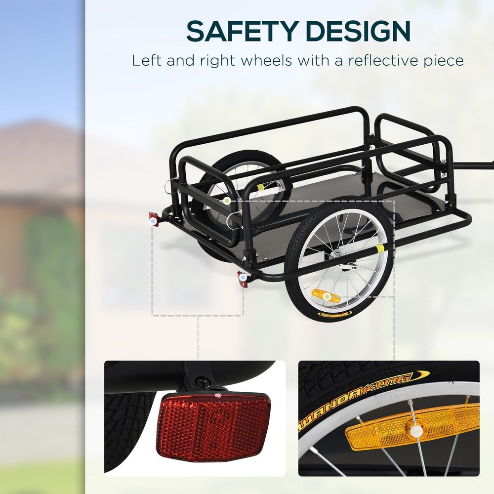Close-up views of the safety features on the black bicycle cargo trailer, including reflectors