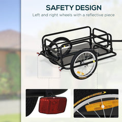 Close-up views of the safety features on the black bicycle cargo trailer, including reflectors