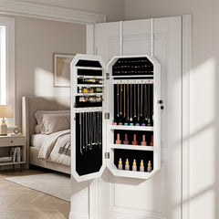 Lockable Full-Length Mirror Jewelry Cabinet with Storage Shelves for Bedroom-White