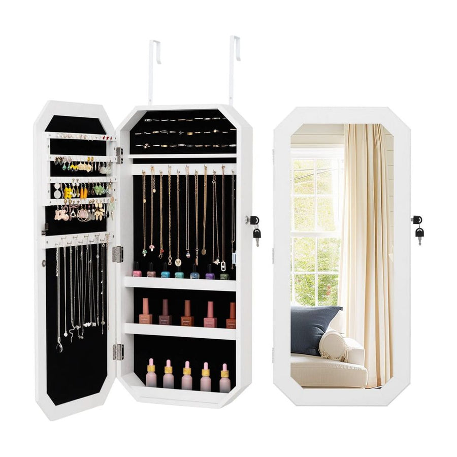 Lockable Full-Length Mirror Jewelry Cabinet with Storage Shelves for Bedroom-White