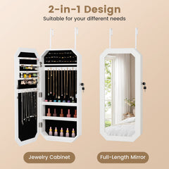 Lockable Full-Length Mirror Jewelry Cabinet with Storage Shelves for Bedroom-White