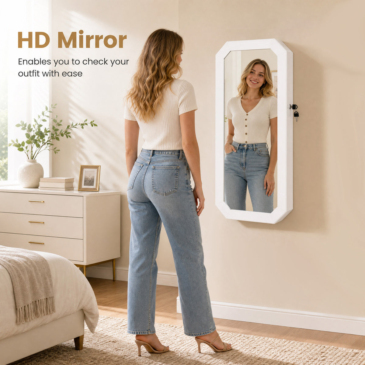 Lockable Full-Length Mirror Jewelry Cabinet with Storage Shelves for Bedroom-White