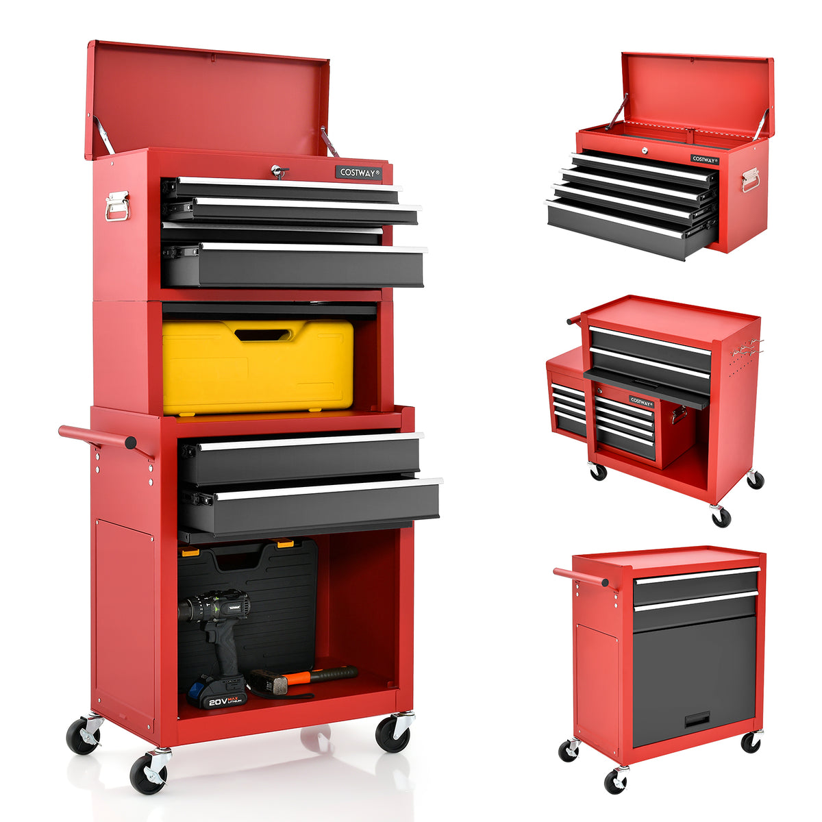 Lockable Tool Storage Cabinet with Handle, Drawers, Wheels and EVA Liner-Red & Black