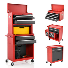 Lockable Tool Storage Cabinet with Handle, Drawers, Wheels and EVA Liner-Red & Black