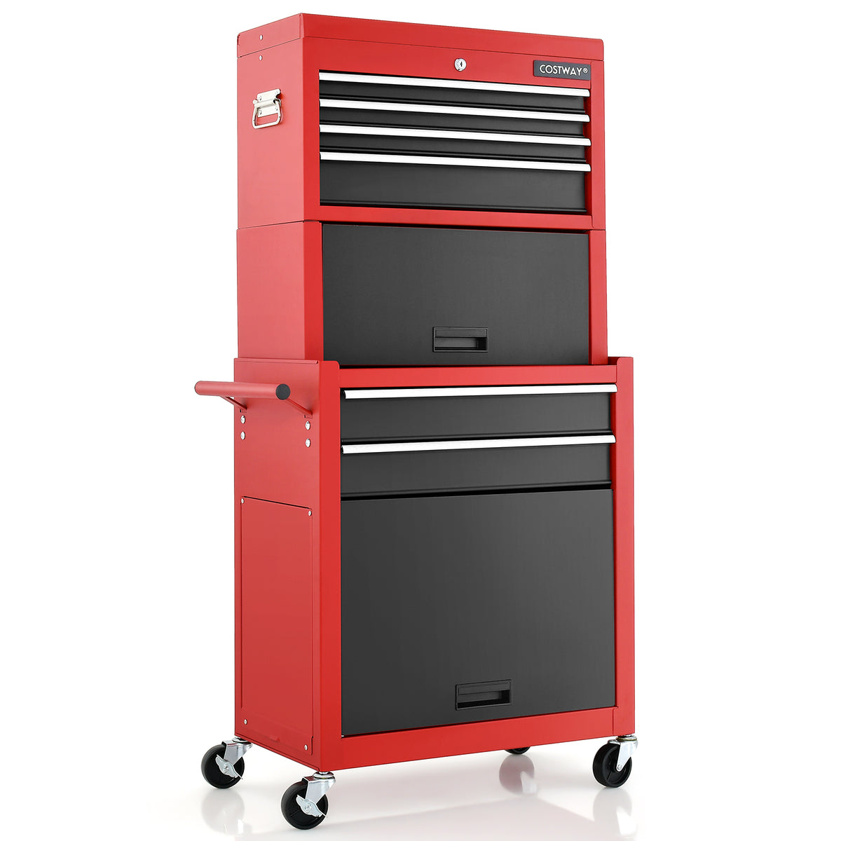 Lockable Tool Storage Cabinet with Handle, Drawers, Wheels and EVA Liner-Red & Black