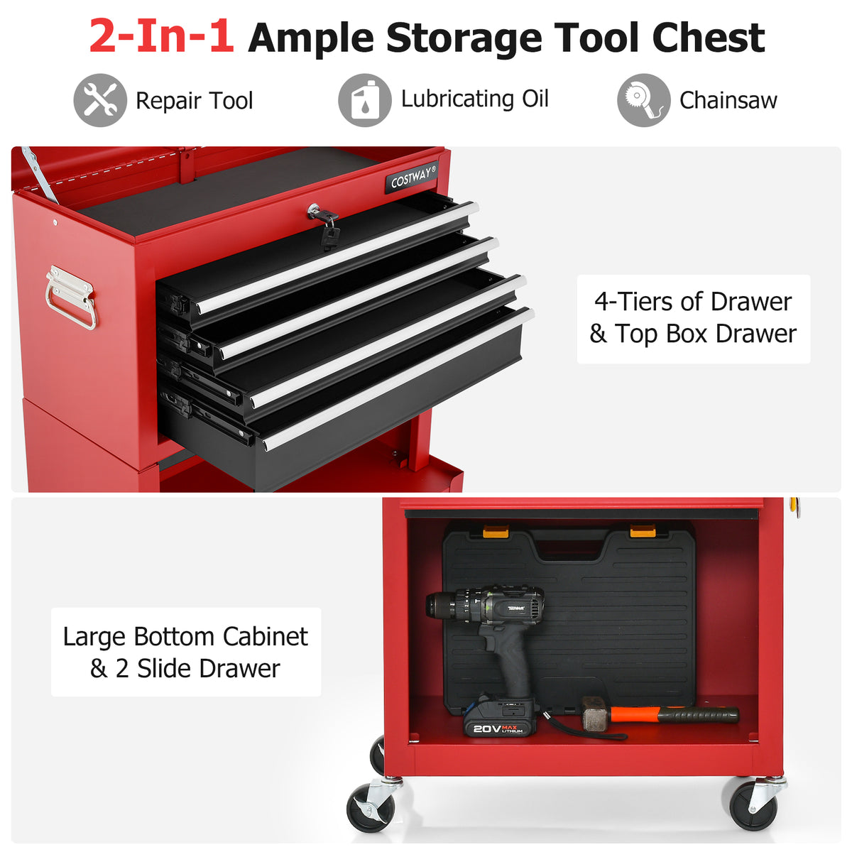 Lockable Tool Storage Cabinet with Handle, Drawers, Wheels and EVA Liner-Red & Black