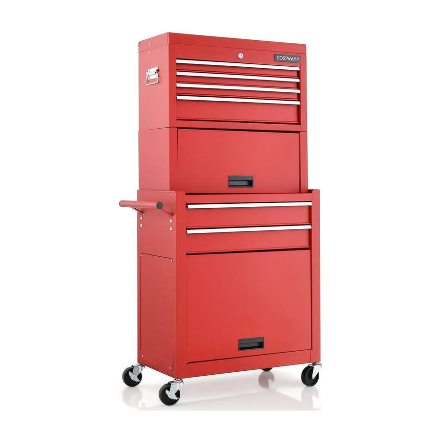 Lockable Tool Storage Cabinet with Handle, Drawers, Wheels and EVA Liner-Red & Black