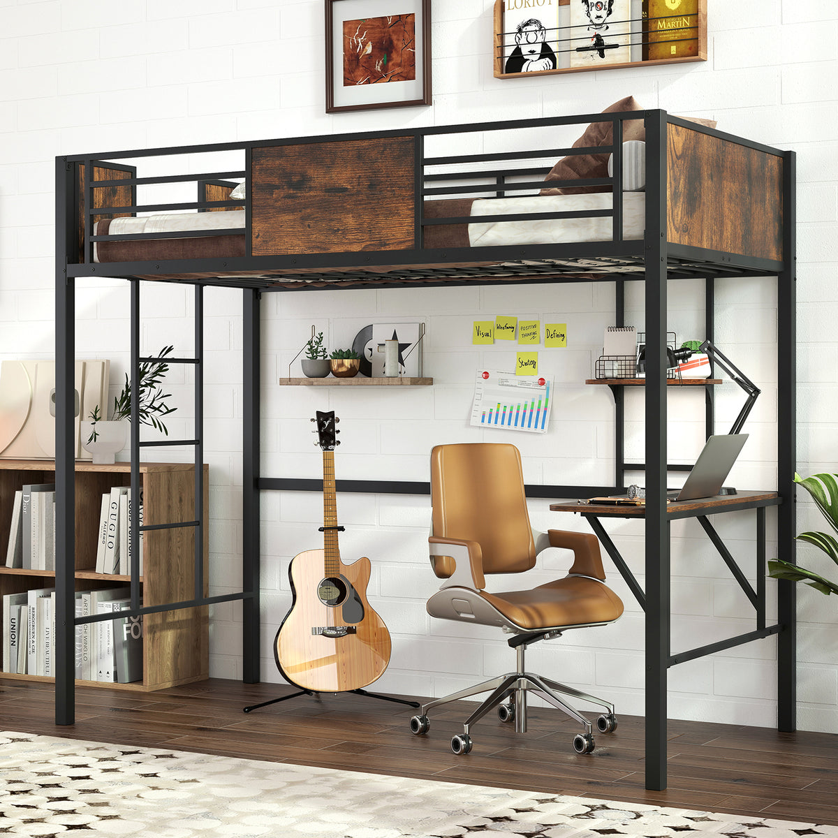 Loft Bed Single Size Heavy Duty Metal Bedframe with Desk-Rustic Brown