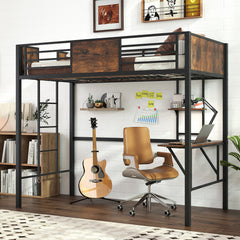 Loft Bed Single Size Heavy Duty Metal Bedframe with Desk-Rustic Brown