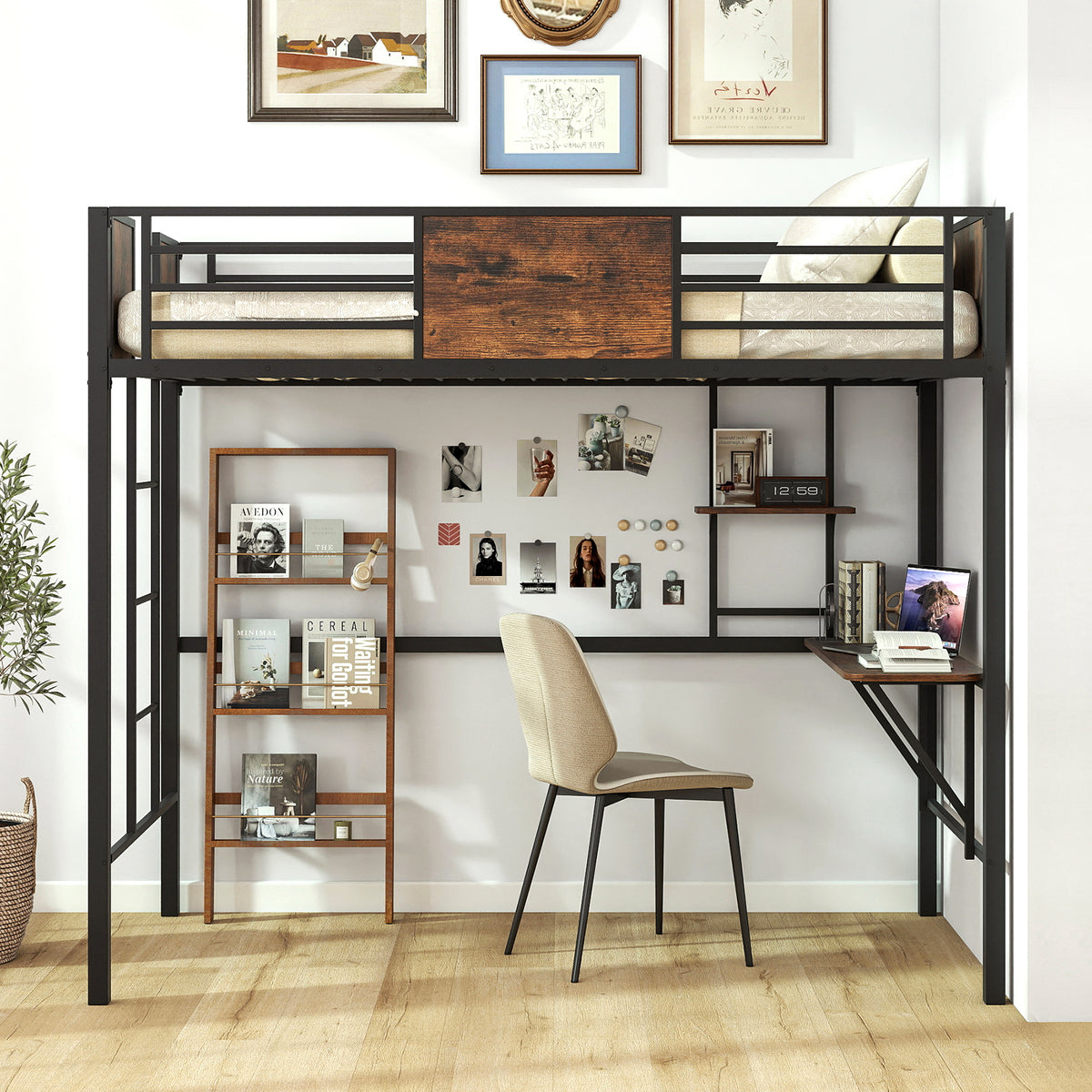 Loft Bed Single Size Heavy Duty Metal Bedframe with Desk-Rustic Brown