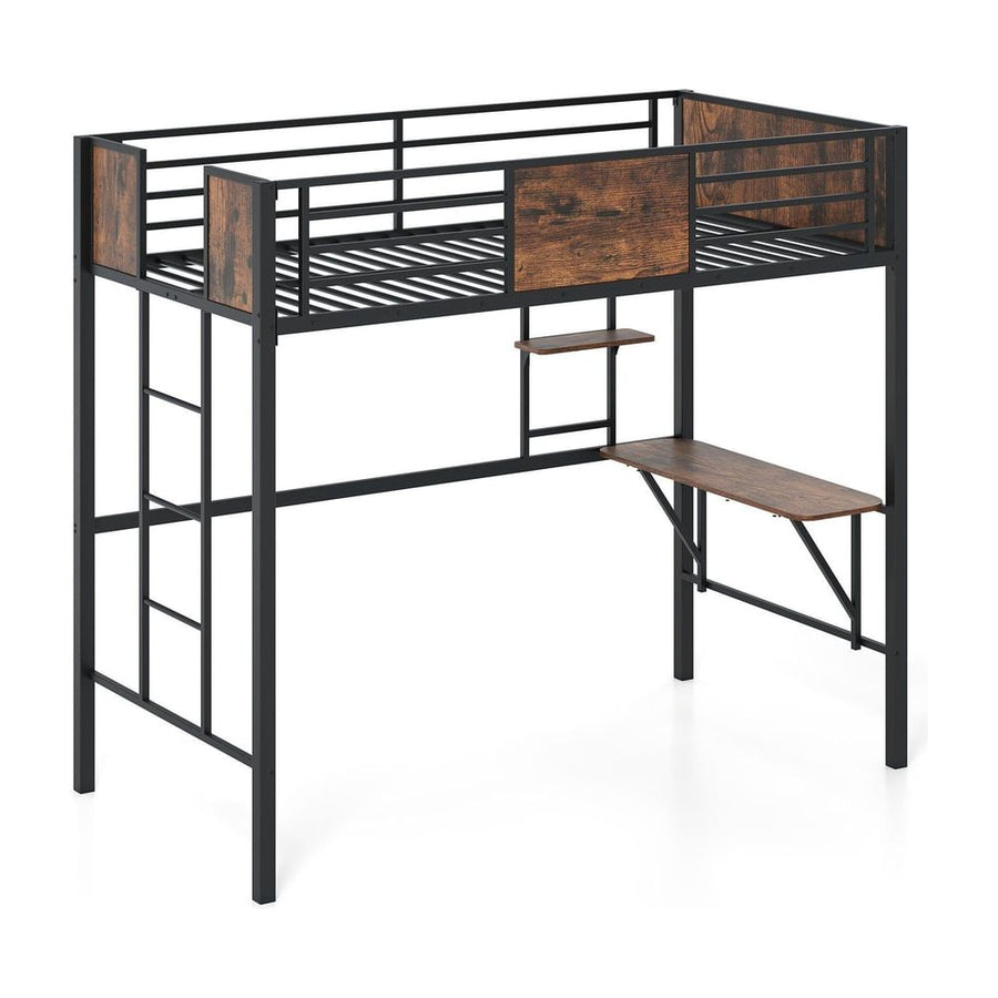 Loft Bed Single Size Heavy Duty Metal Bedframe with Desk-Rustic Brown