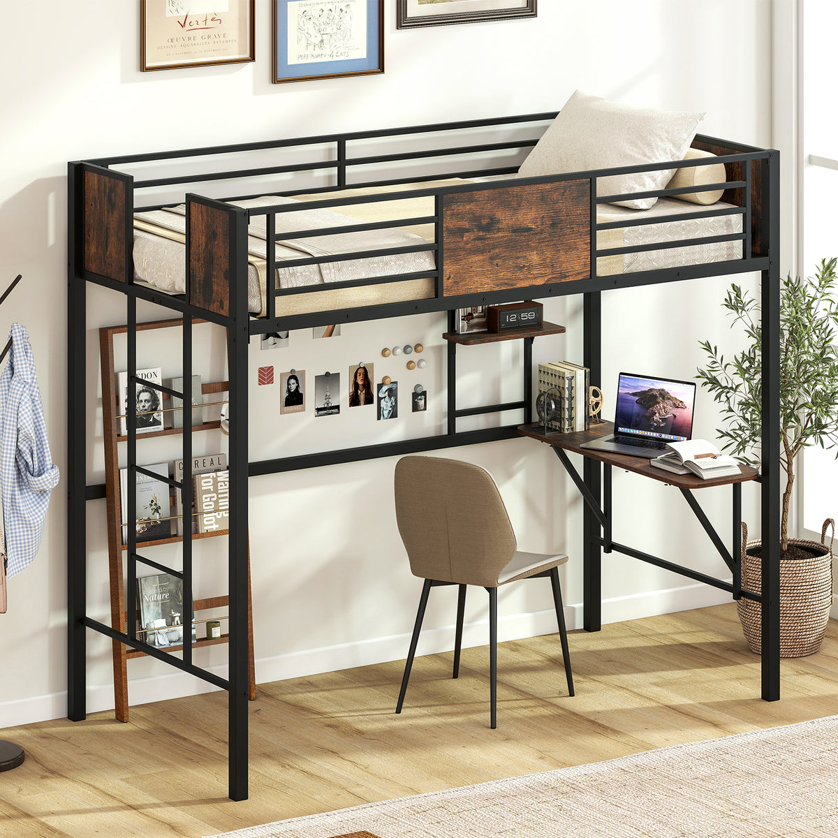 Loft Bed Single Size Heavy Duty Metal Bedframe with Desk-Rustic Brown