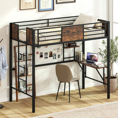Loft Bed Single Size Heavy Duty Metal Bedframe with Desk-Rustic Brown