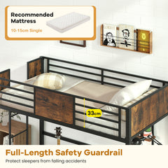 Loft Bed Single Size Heavy Duty Metal Bedframe with Desk-Rustic Brown