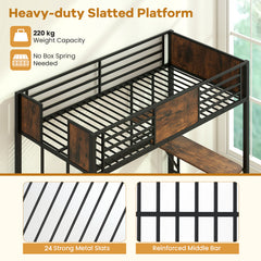 Loft Bed Single Size Heavy Duty Metal Bedframe with Desk-Rustic Brown