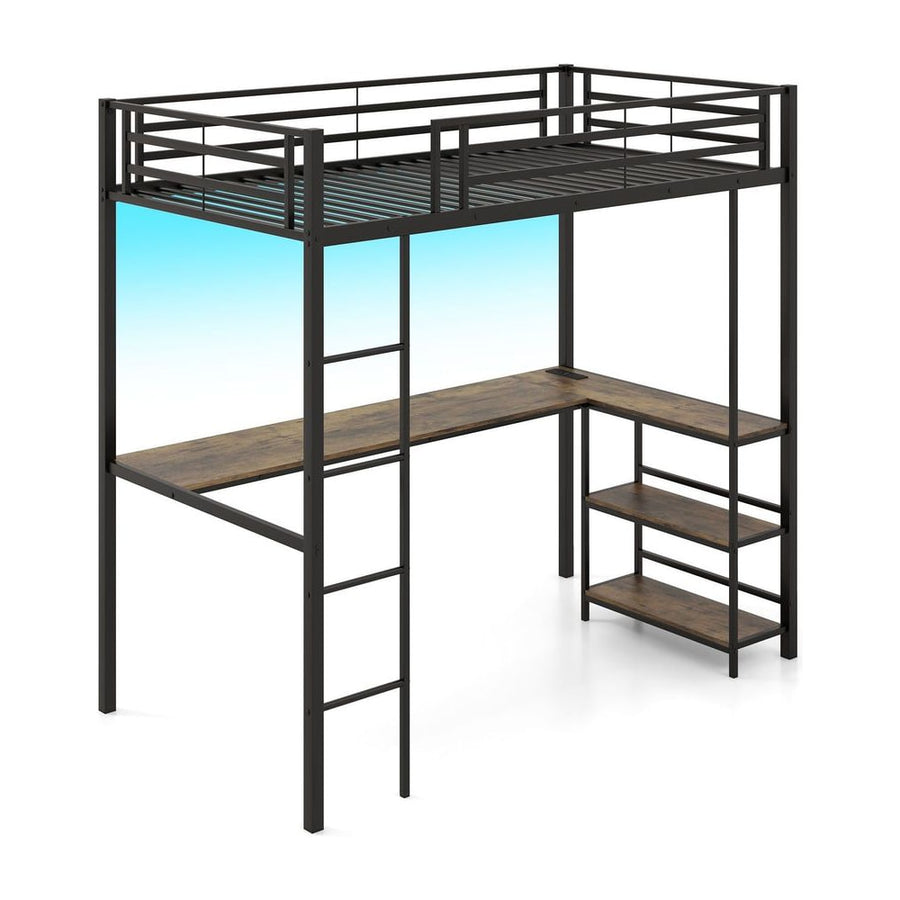 Loft Bed with Desk Single Platform Bed with LED Charging Station and Storage-Black
