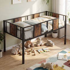 Low Loft Bed Single Size with Heavy-Duty Metal Frame-RusticBrown