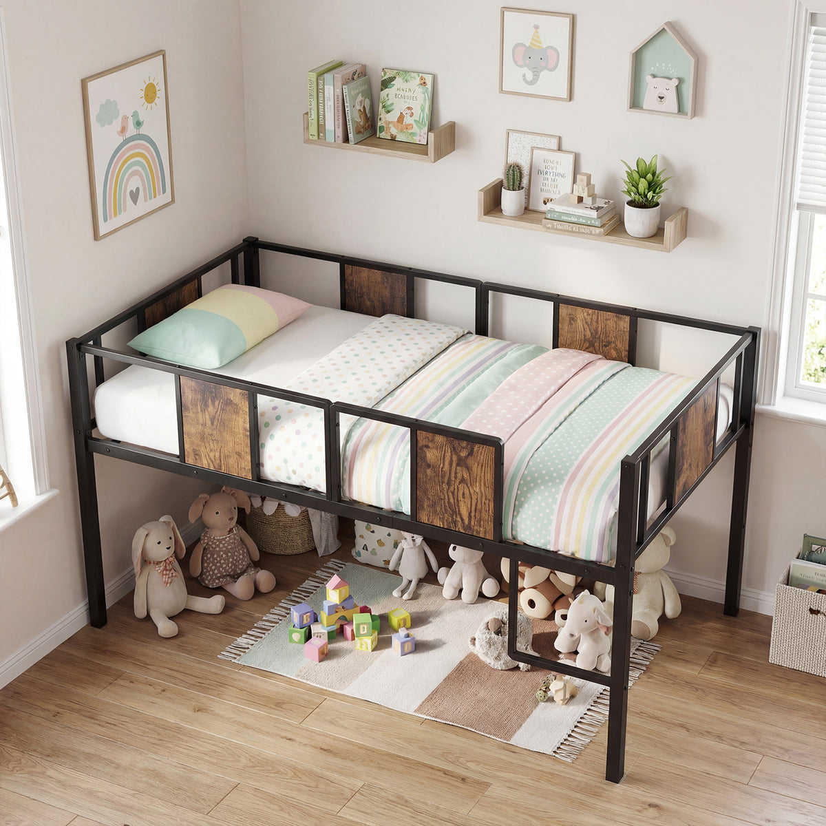 Low Loft Bed Single Size with Heavy-Duty Metal Frame-RusticBrown