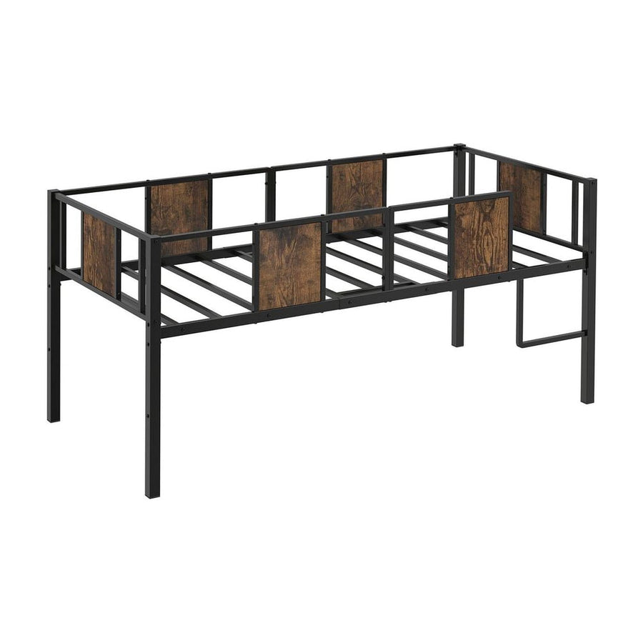 Low Loft Bed Single Size with Heavy-Duty Metal Frame-RusticBrown